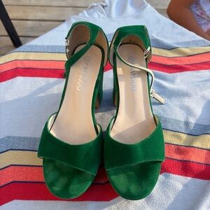 Green Suede Ankle-Strap Block Heels